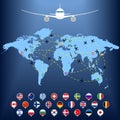 Plane routes over world map with markers or map pointers. Travel by airplane concept. Flight path. Vector illustration. Royalty Free Stock Photo